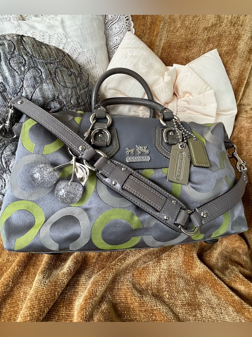 Coach Gray 🩶💚 Lime Signature Satchel with Leather Trim, EUC Y2K - Picture 5 of 7